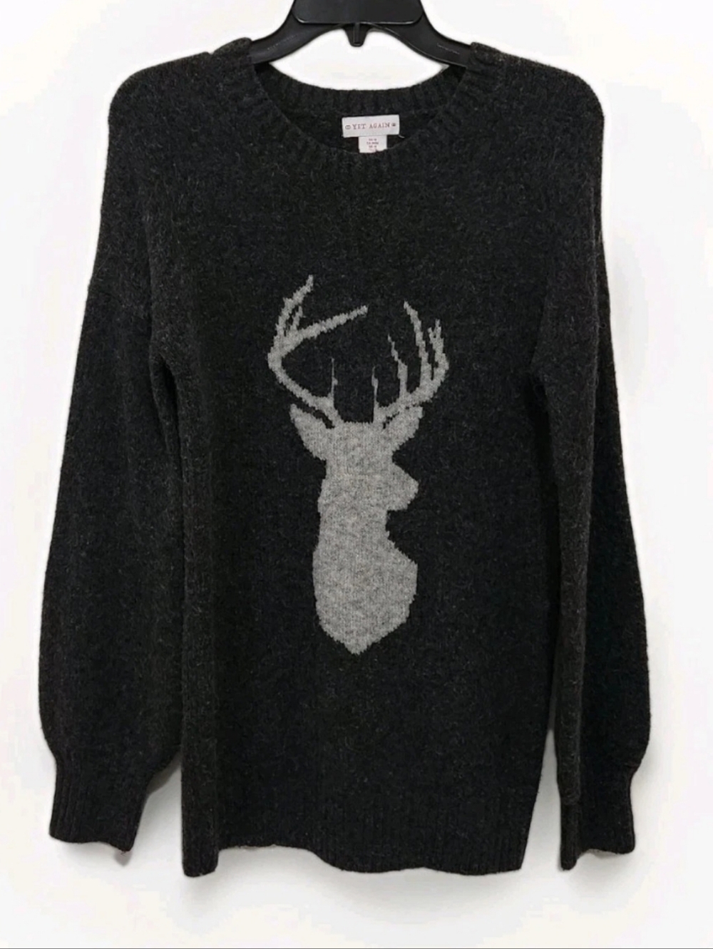 Yet Again Women's M Deer Head Sweater Gray Longsleeve Rustic Cozy Cabincore